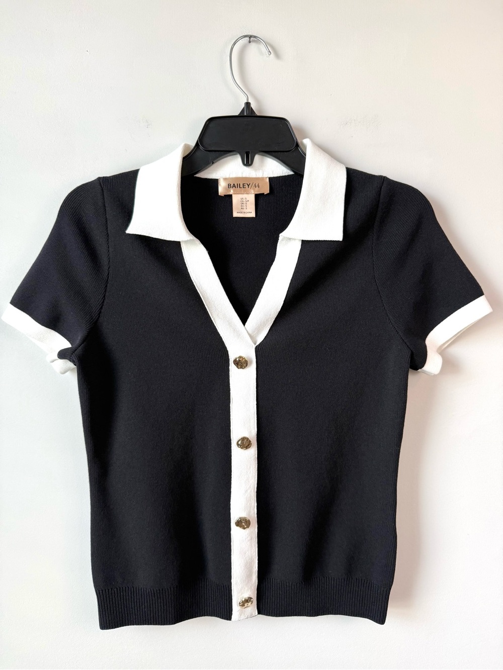 Bailey 44 Knit Button Front Polo Top Black White S